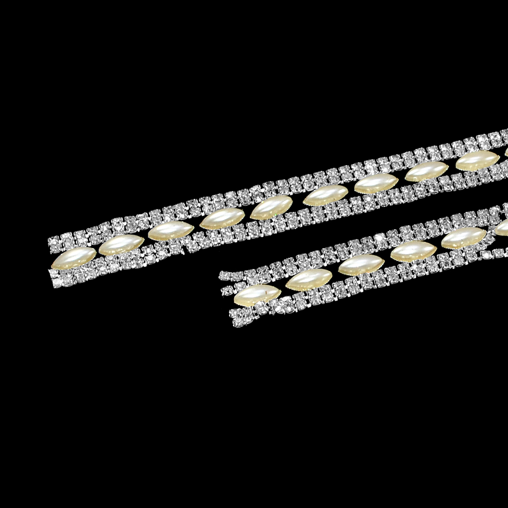 Тесьма стразы Узор с перламутром, 2,2см, никель, белый, жемчужный, ярд. Тесьма из страз