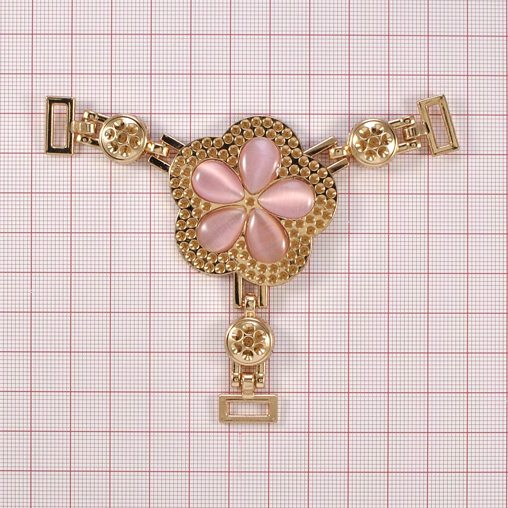 Украшение стекло Сандали Цветок 10,5*9см и 11мм GOLD, розовый кошачий глаз камни, перетяжка тройная. Перетяжка металл со стразами