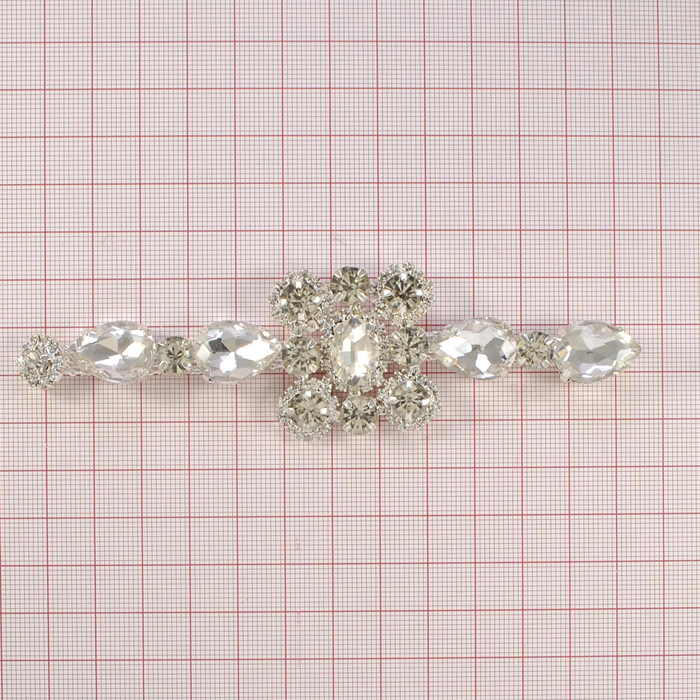 Декор стразы Цветок, 13*3,5см, никель, белые камни, шт. Тесьма из страз