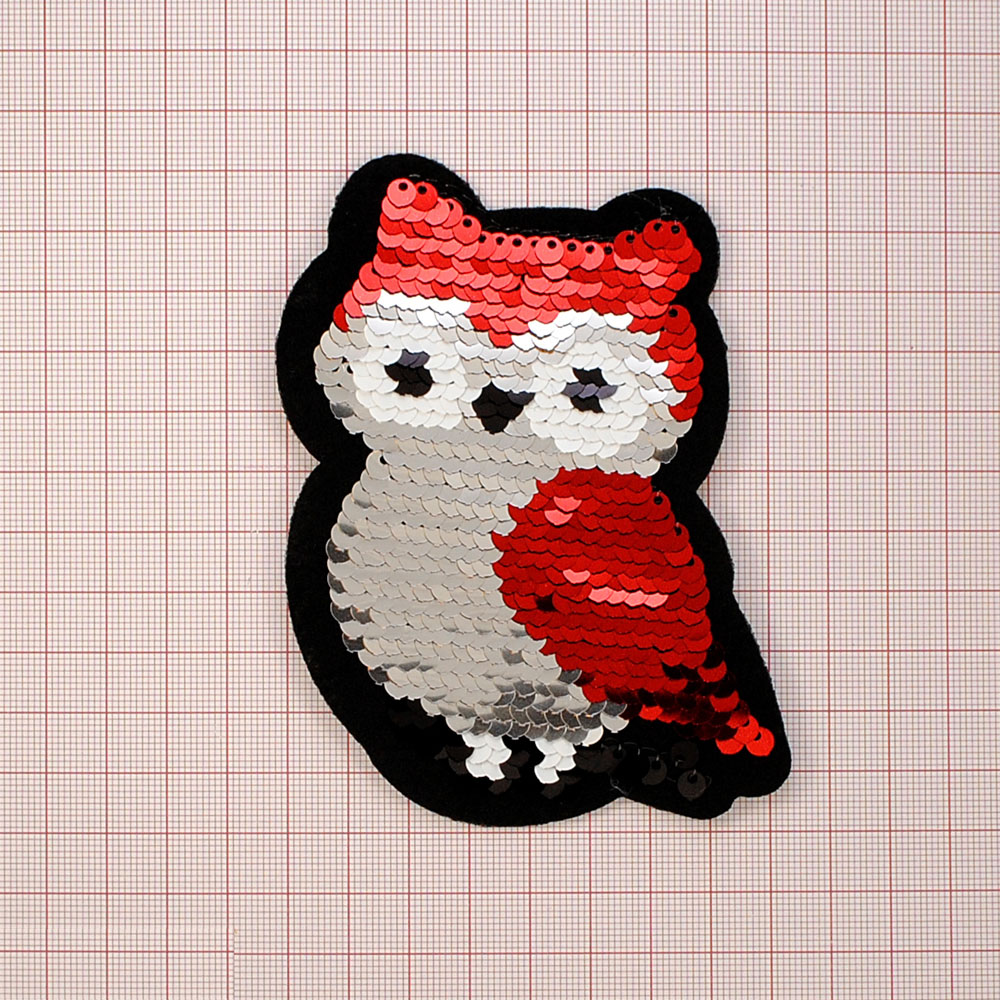 Аппликация клеевая пайетки двусторонняя Сова 10,5*8см, черный, красный, серебро, шт. Аппликации клеевые Пайетки