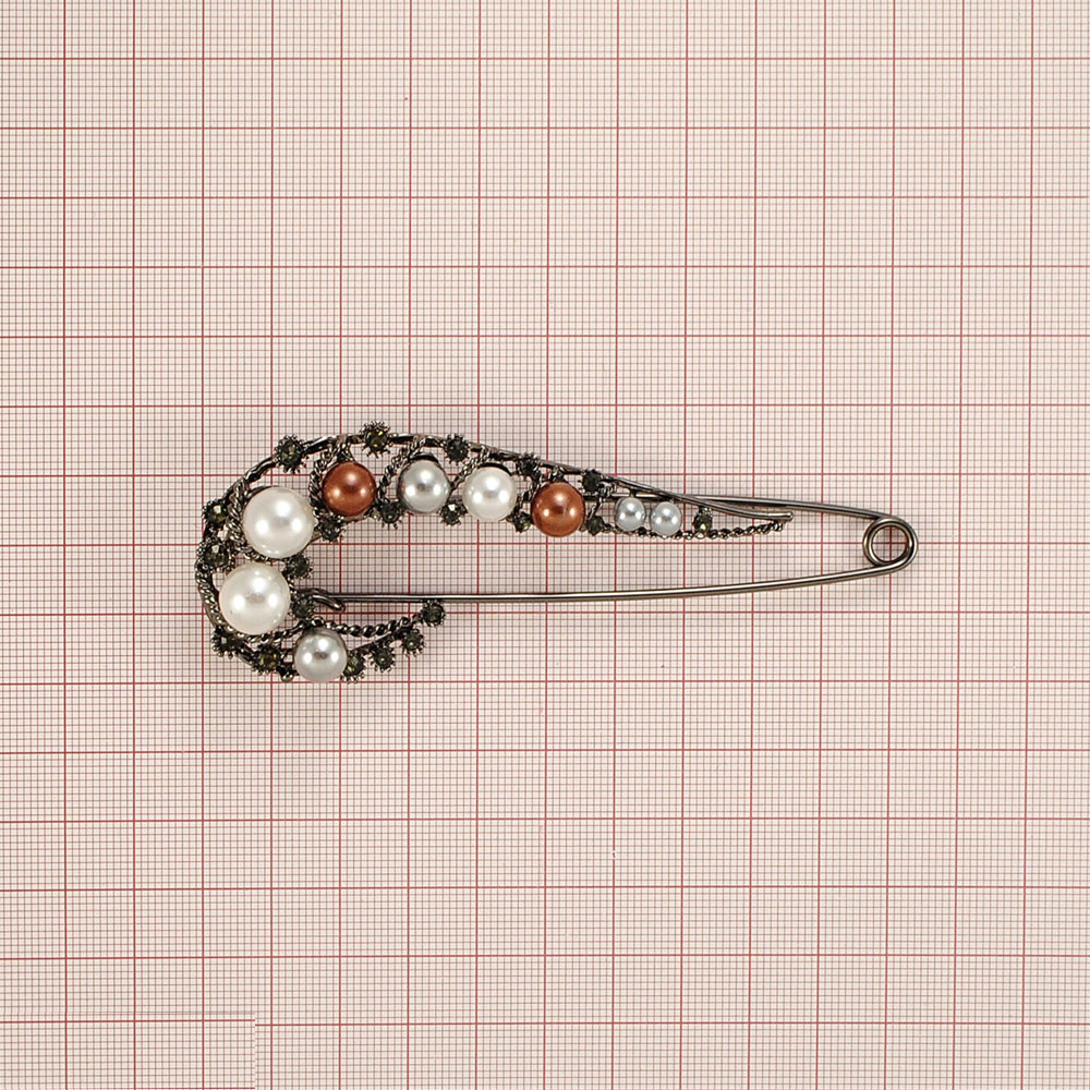 Булавка и бусины, black nickel, серые камни, белый и серый жемчуг, шт. Булавки