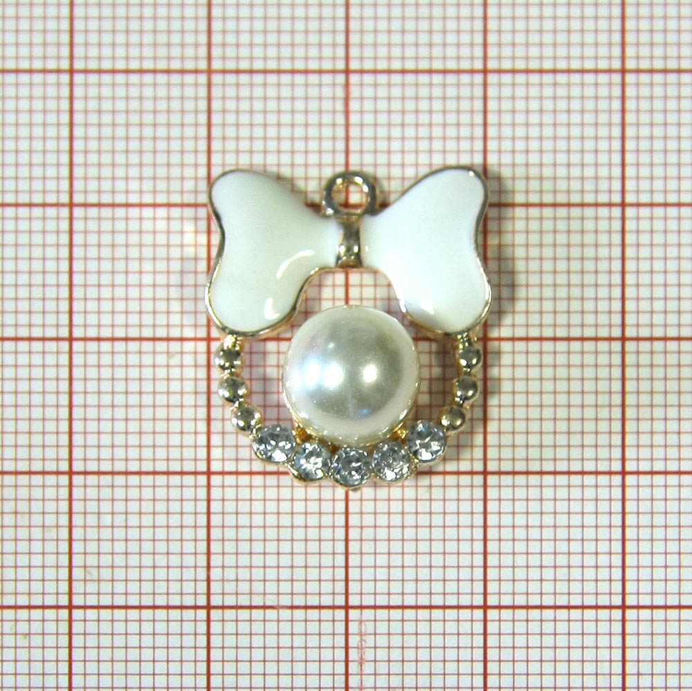 Подвеска металл Косточка и жемчужина 20*25мм, GOLD, белая эмаль, белый жемчуг, белые камни, шт. Подвески