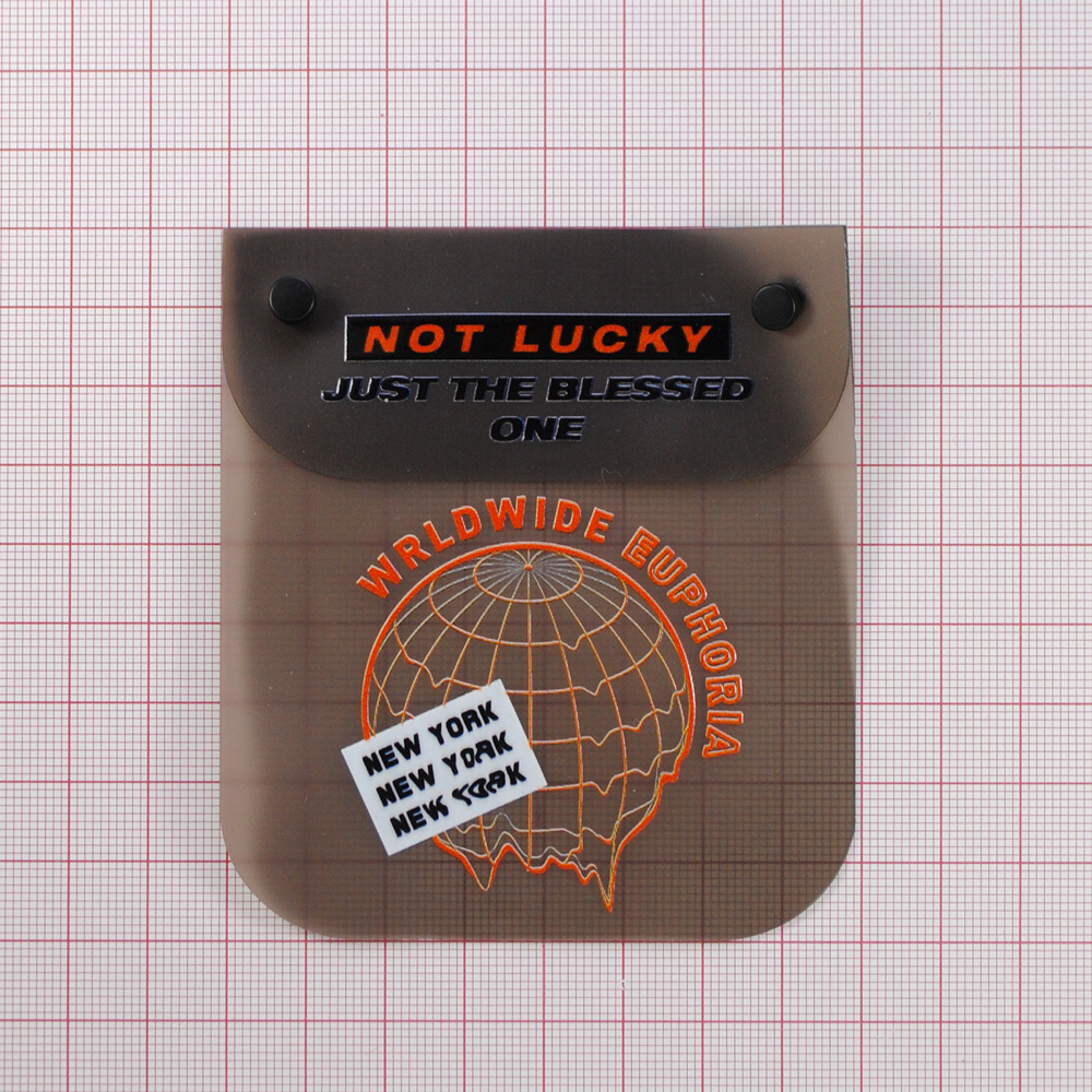 Лейба клеенка Карман с блочкой Not lucky, 8*9см, сер., оранж., прозр., тёмный никель, шт. Лейба Клеенка