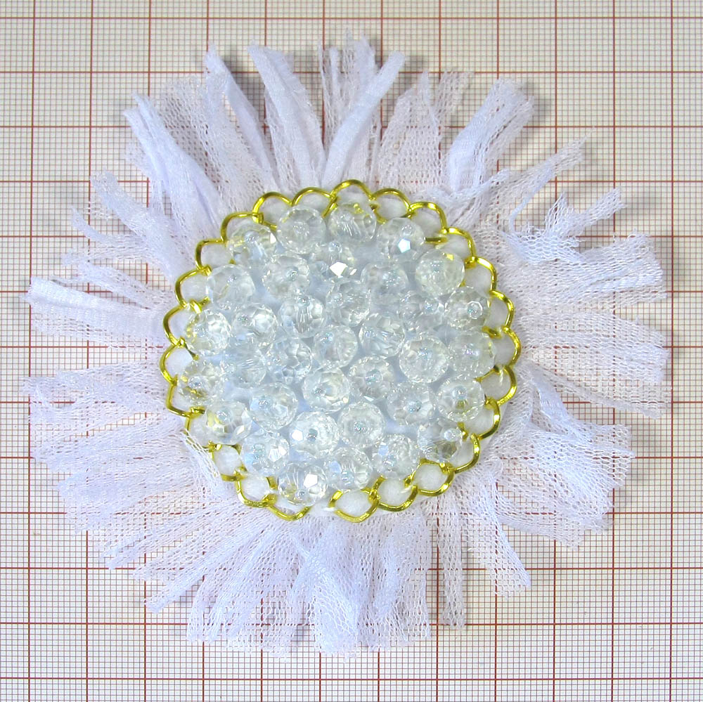 Аппликация декор белый круг флиз. на сетке, цепь, прозрачн. бусины. Аппликация Декор