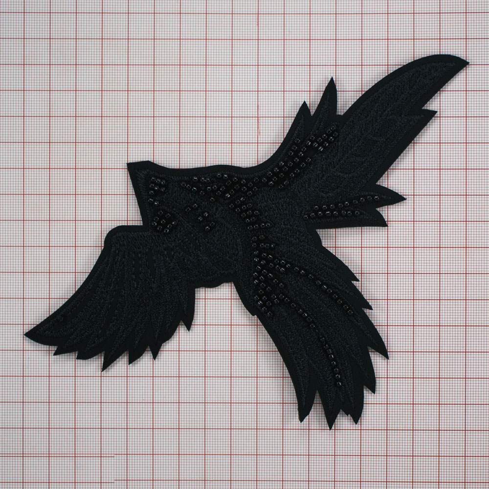 Нашивка тканевая бисер пришивная Ворон 13,5*20см черная вышивка, черный бисер, шт. Нашивка Стразы, Бисер