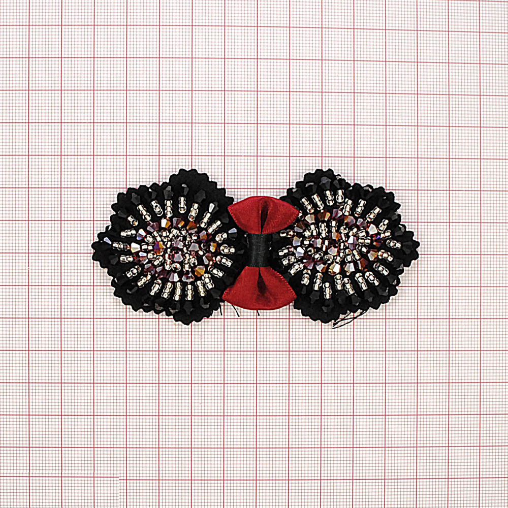 Аппликация декор Бабочка-8-ка черный, цветн.бисер, красн.бантик атлас. Аппликация Декор