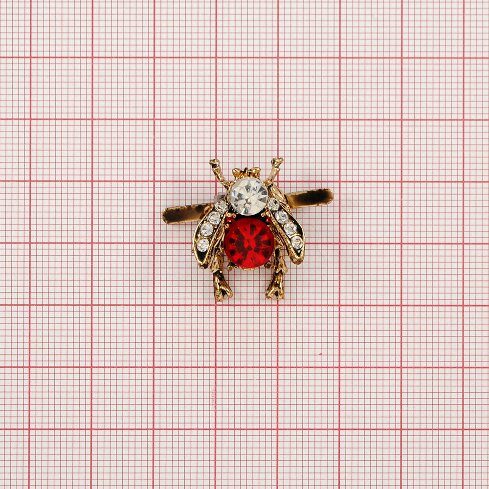 Краб металл Муха красная 2,5*2см, antic gold, красный, белые камни, шт. Крабы Металл Цветы, Жуки