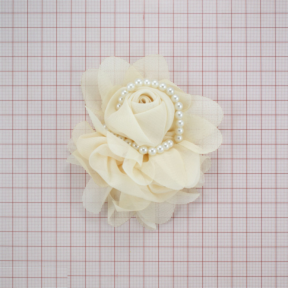 Аппликация декор Роза шифон бежевый, оборка-жемчуг. Аппликация Декор