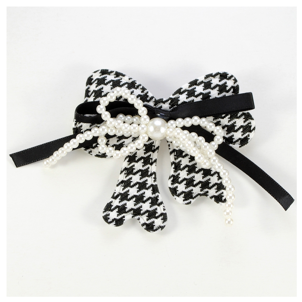 Булавка с шевроном Бантик, 8*7см,  черно-белый, узор гусиные лапки, жемчуг, шт. Булавки