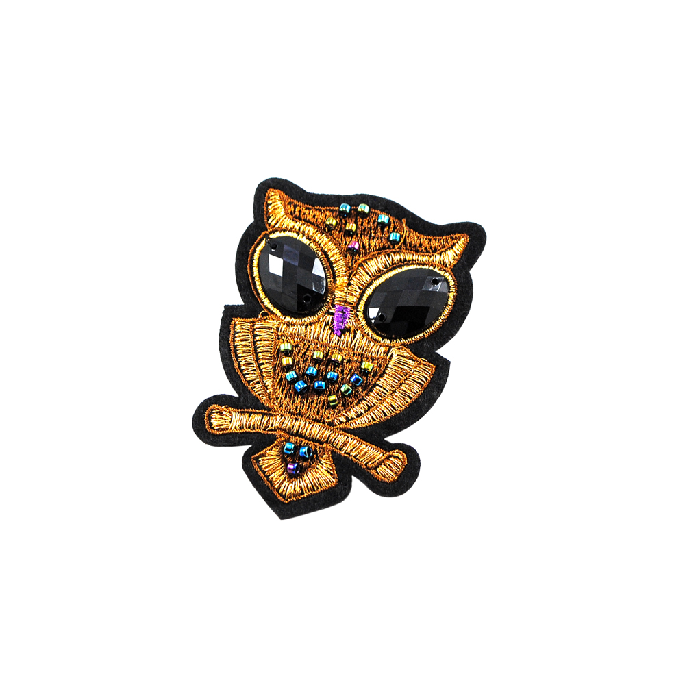 Аппликация пришивная бисер Сова Коричневая 7*5см, глаза стразы черные, цветной бисер, шт. Аппликации Пришивные Стразы, Бисер, Металл