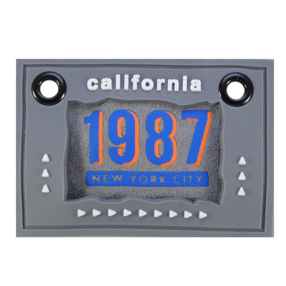 Лейба рез. California 1987, 7,5*5,2см, бел.,  сер., чёрн. люверсы, вставка ткань, шт. Лейба Резина
