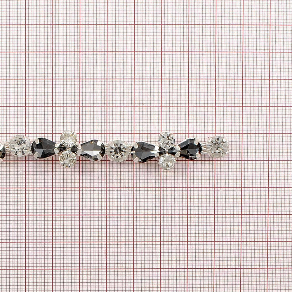 Тесьма стразы цепь,  1,2см, белый, черный, ярд. Тесьма из страз