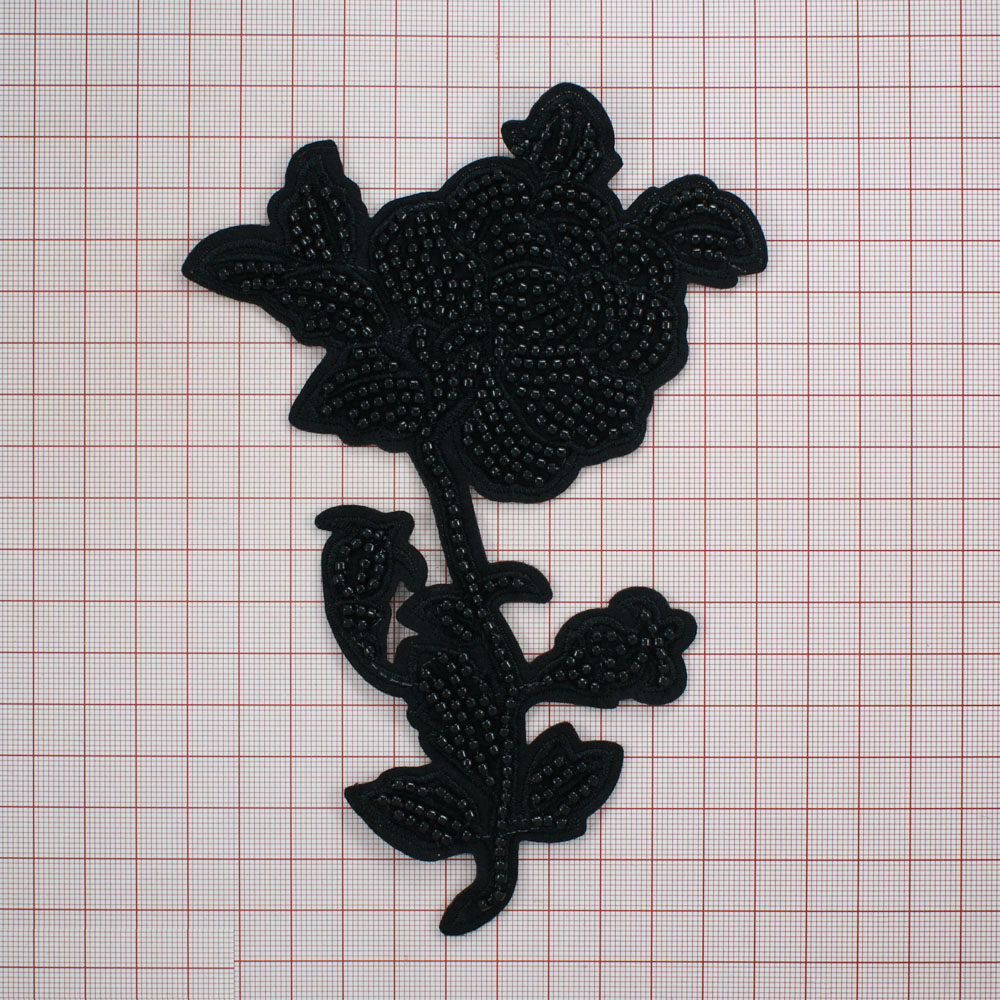 Нашивка тканевая бисер пришивная Черная роза вышитая бисером 12*17,5см черный, черный бисер, шт. Нашивка Стразы, Бисер