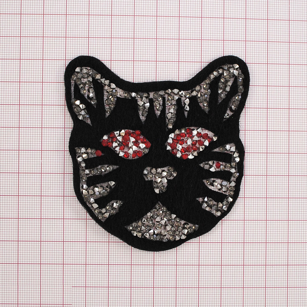 Аппликация клеевая стразы Тигренок 9*8см черный, камни дымчатый белый, красный, шт. Аппликации клеевые Стразы комб.