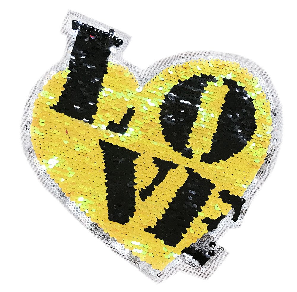 Аппликация пришивная пайетки двусторонние LOVE в сердце 20.5*19см, желтый, черный, шт. Аппликации Пришивные Пайетки