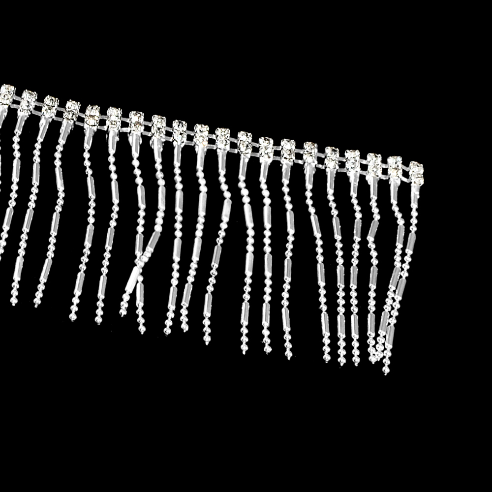 Тесьма стразы с подвесками Бахрома, 5,2см, никель, белый, ярд. Тесьма из страз