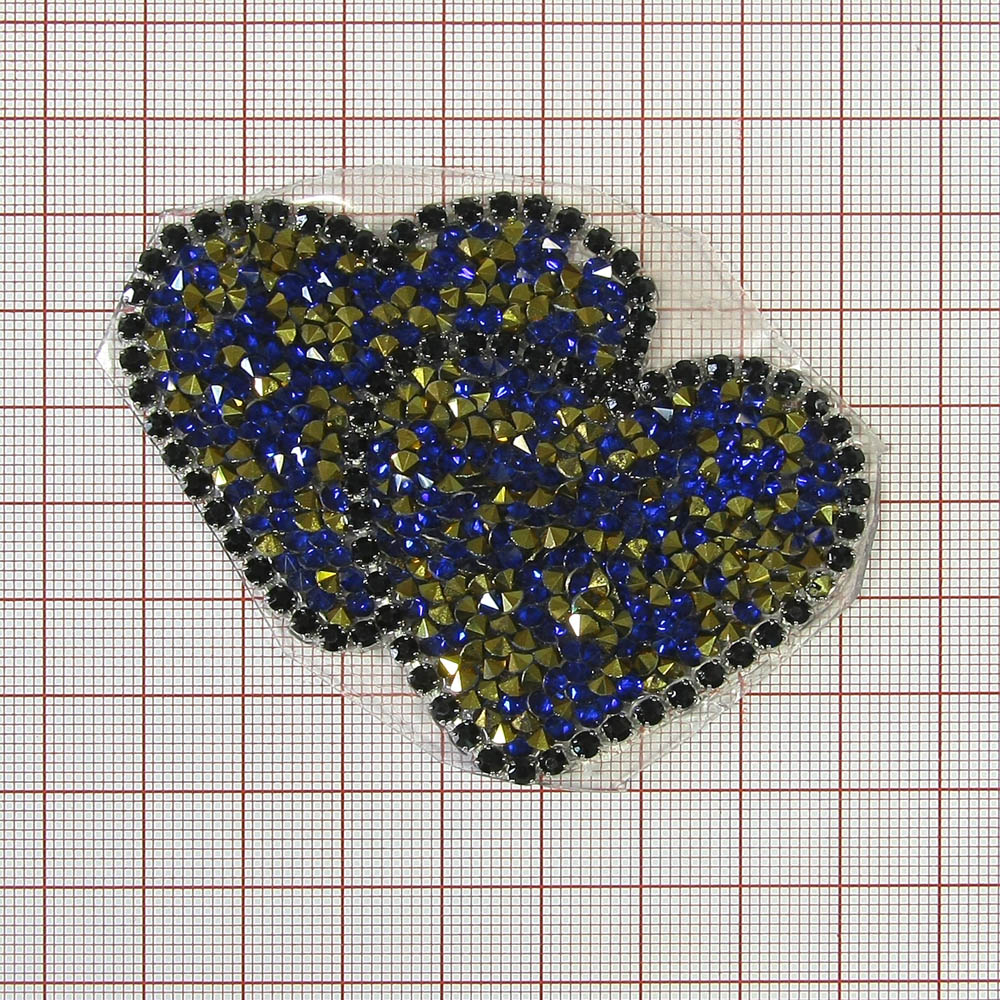Аппликация клеевая стразы Два сердца 8*6см темно-синие, черные в металле камни, шт. Аппликации клеевые Стразы комб.
