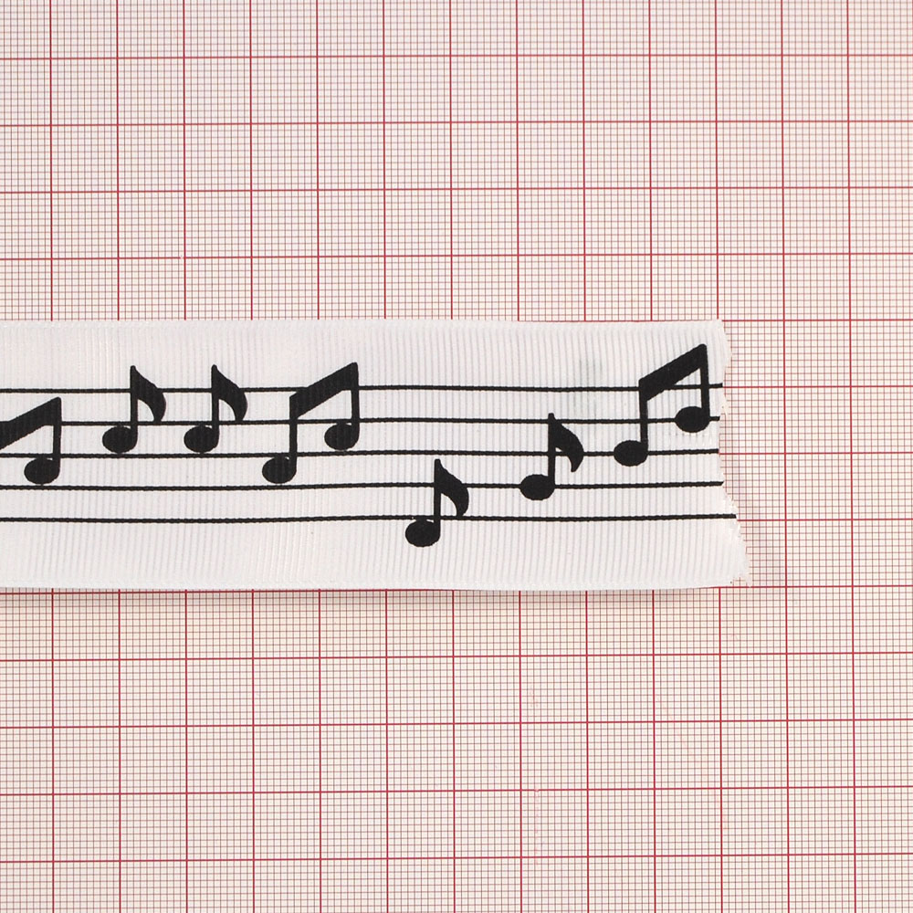 Тесьма репсовая, лого накатка, Ноты, 40мм, черный, фон белый, ярд. Тесьма