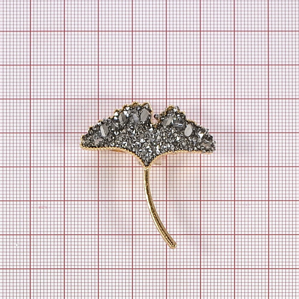 Брошь с камнями Листик, 4*4,5см, золото, black diamond,, шт. Броши