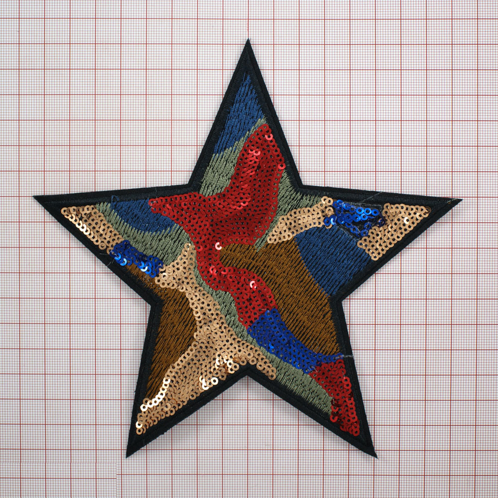 Аппликация клеевая пайетки Звезда 17*16,5см коричневые,синие,оливковые,черные нити, красные, синие, золотые пайетки. Аппликации клеевые Пайетки