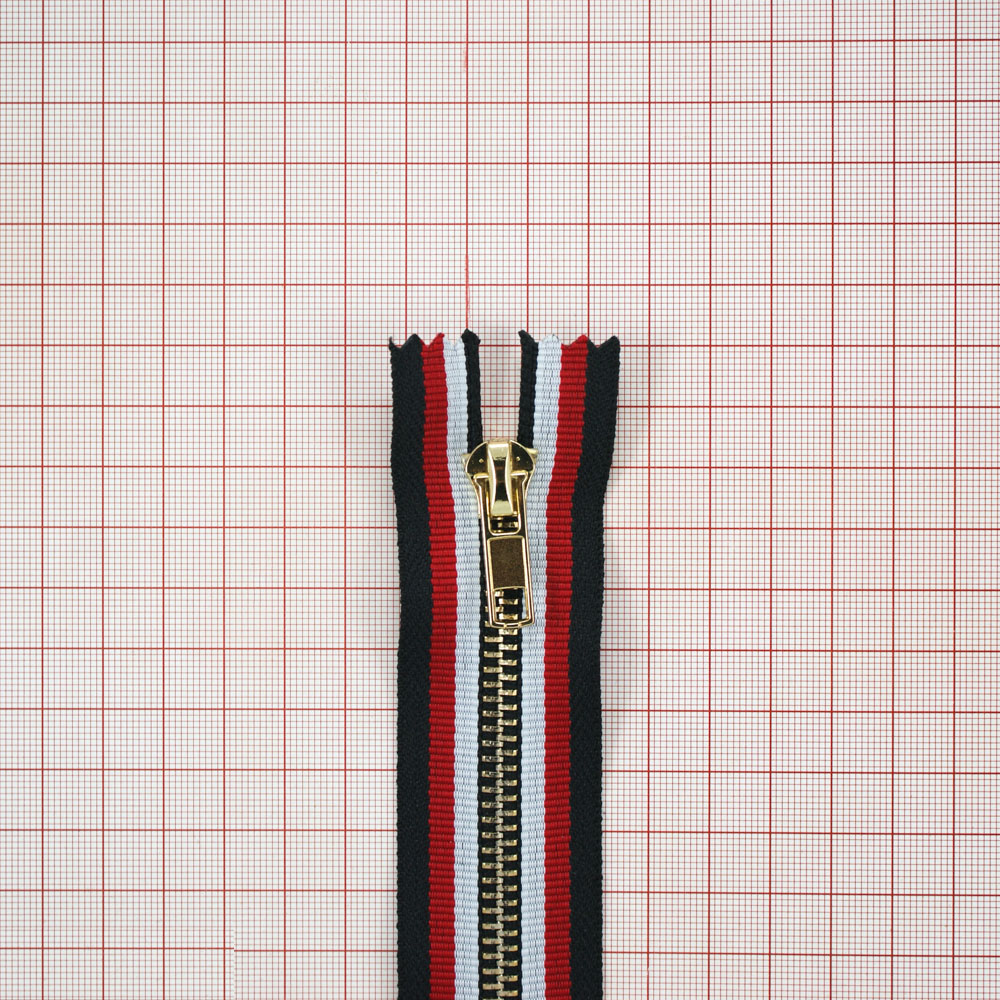 Змейка металлическая №5 100см, О/Е, Gold и черно-красно-белая полоска ткань, двусторонняя, шт. Змейка Металл