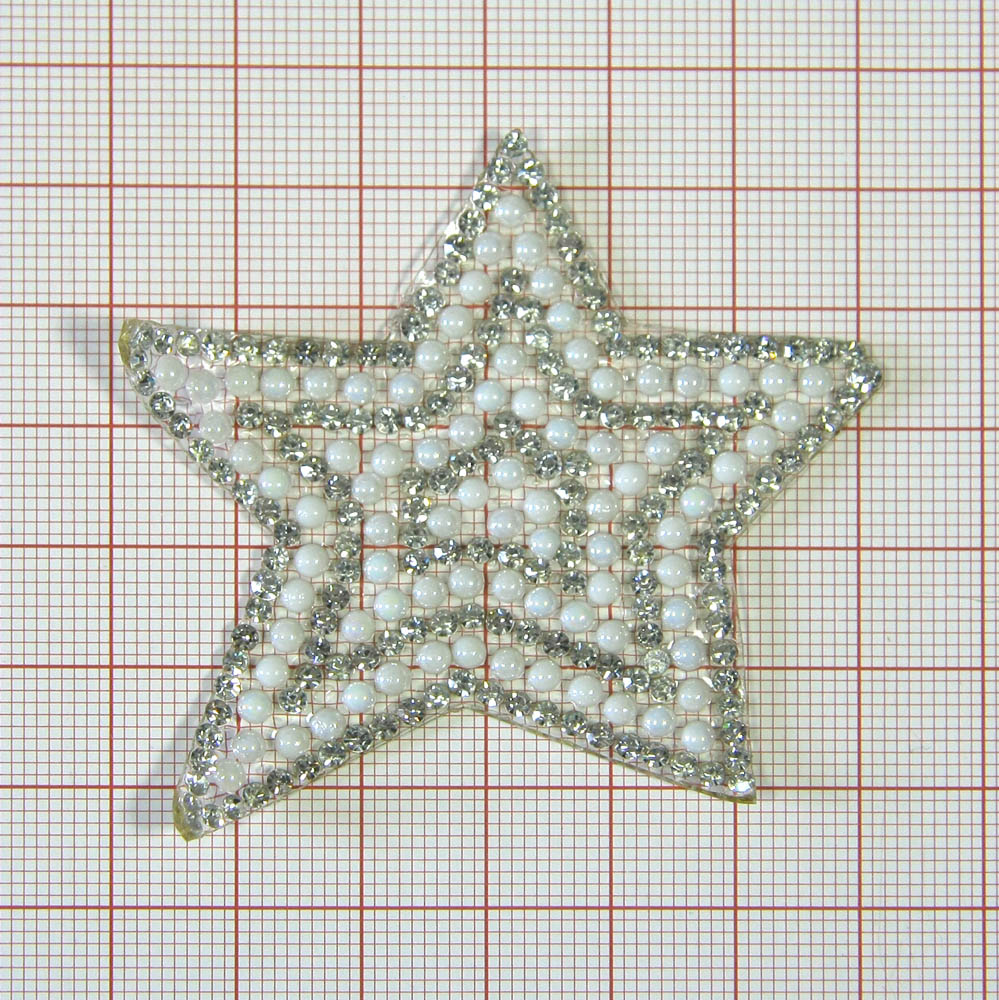 Аппликация клеевая стразы Звезда ассиметричная 60*75мм белый жемчуг 2,2мм, белые камни 2мм, шт. Аппликации клеевые Стразы комб.