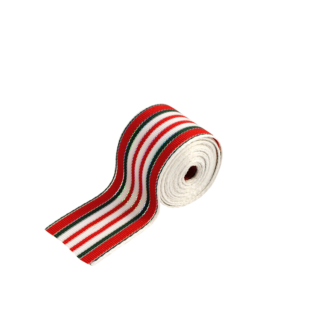 Тесьма Полосы, 2,8см, красный, белый, зеленый, люрекс серебро с зеленым отливом, 50ярд. Тесьма