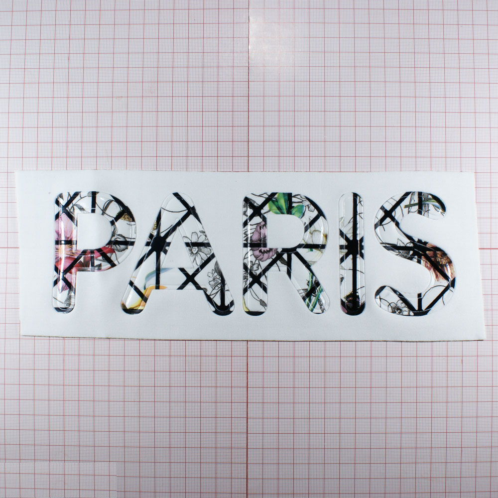 Аппликация пришивная PARIS 28*11см, белый фон, буквы - черно-желто-розовый рисунок Цветы, шт. Аппликации Пришивные Постер