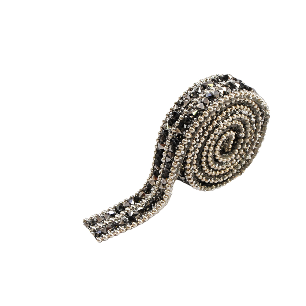 Тесьма стразы клеевые Угольки 10мм цепь шарик nikel, графит камни, ярд. Тесьма из страз