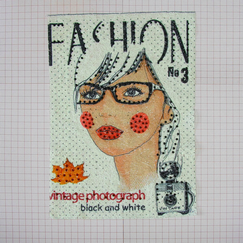 Аппликация пришивная стразы Девушка Fashion №3 32*22см, белая, цветной рисунок, черные стразы, шт. Аппликации Пришивные Постер
