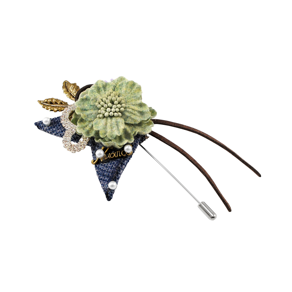 Булавка Цветок Ткань NIKEL, антик, черные, зеленые, белые камни, шт . Булавки