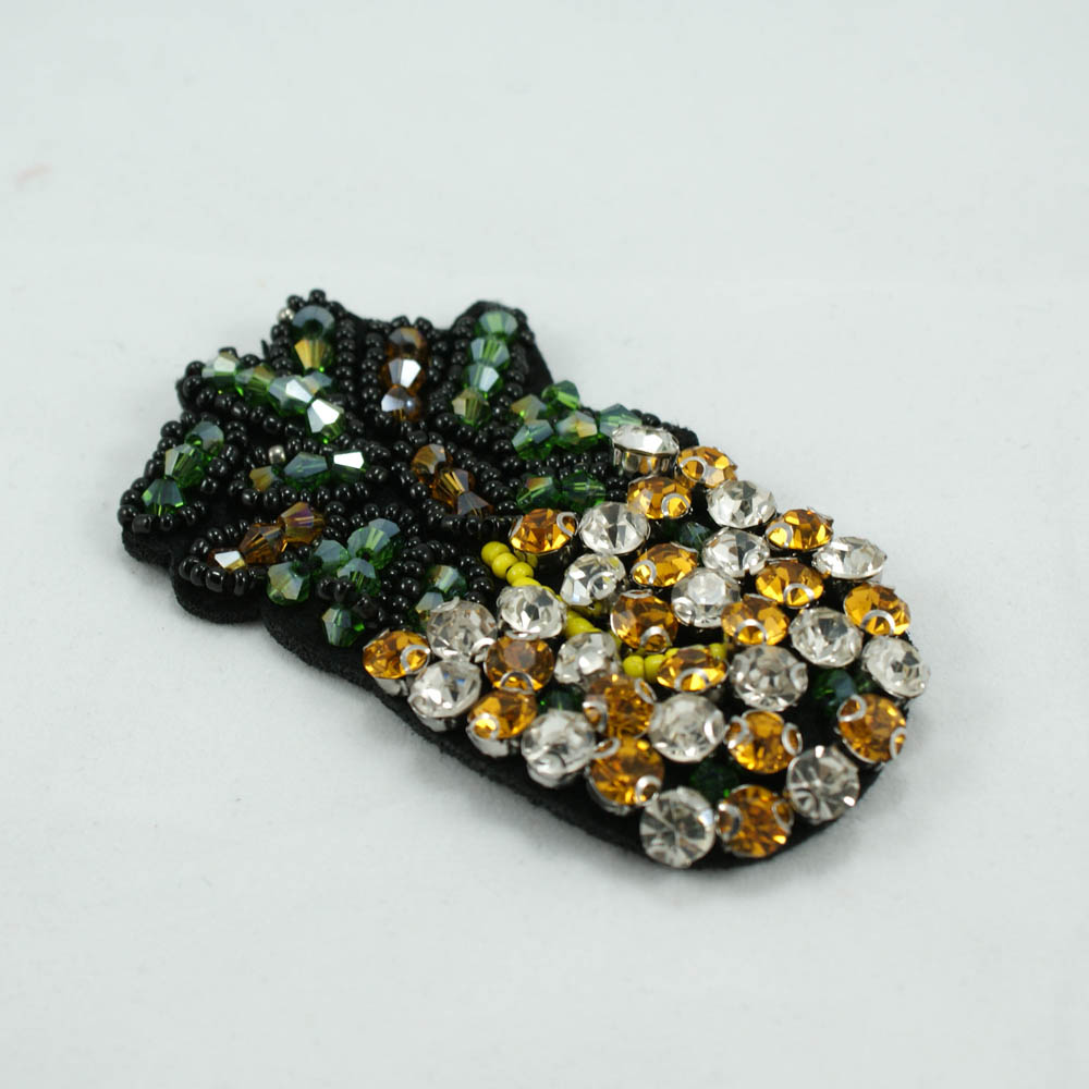 Аппликация пришивная бисер Ананас и стразы 85*50 мм, белые и желтые камни, зеленый и желтый бисер, шт. Аппликации Пришивные Стразы, Бисер, Металл