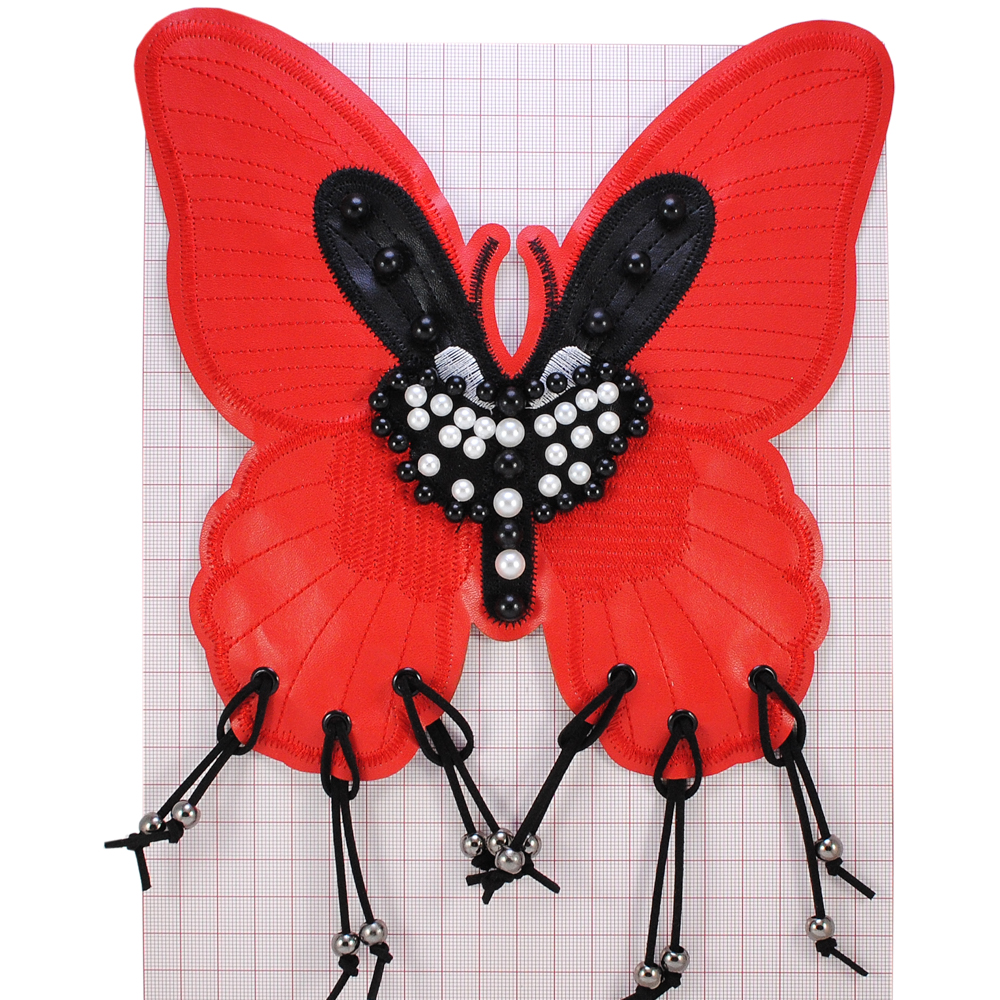 Аппликация кожзам пришивная  Бабочка с подвесками 19,5*29,5см, красный, черный, белый, black nikel, шт. Нашивка Кожзам