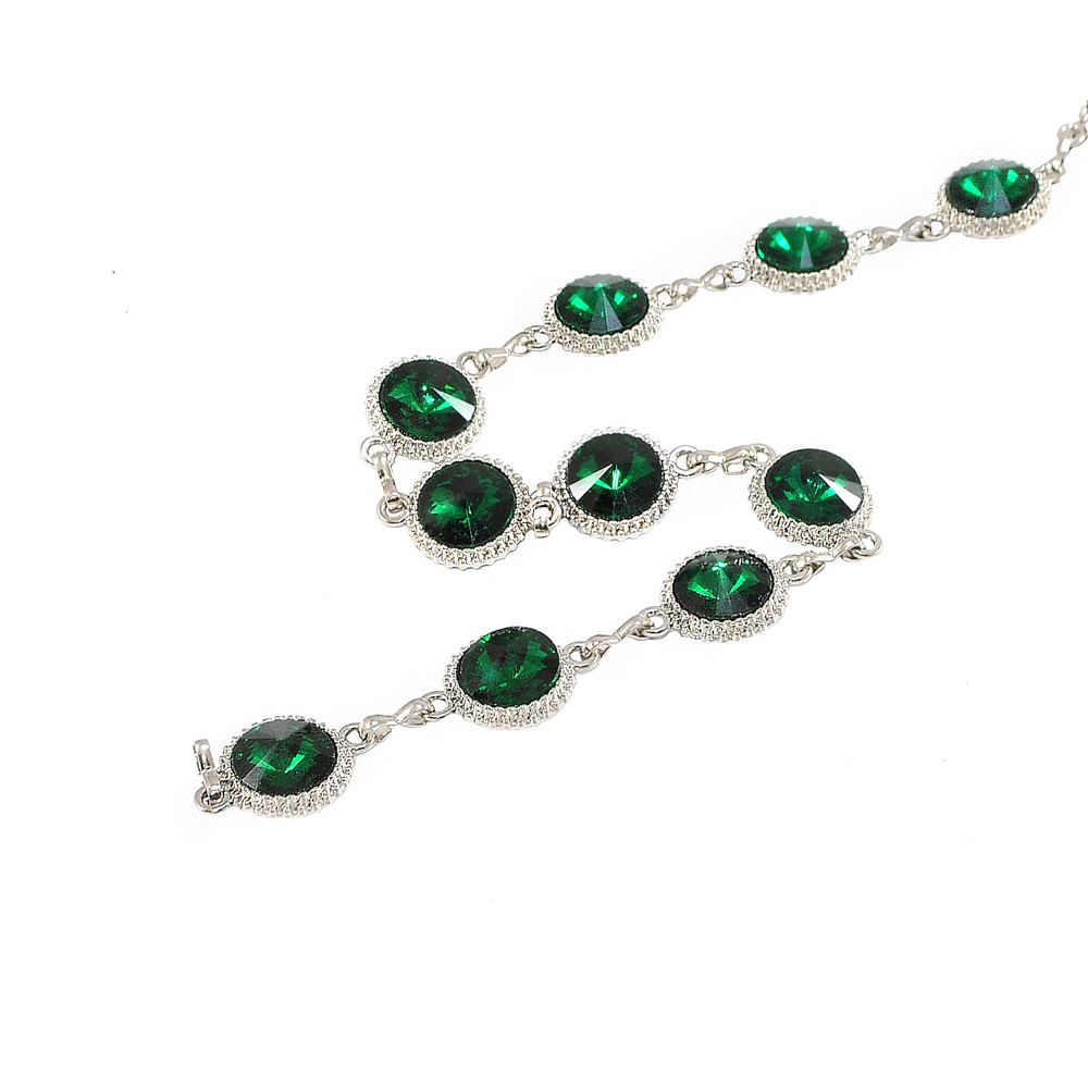 Тесьма стразы Зеленый камень,  1,7см, белый, зеленый, серебро, ярд. Тесьма из страз