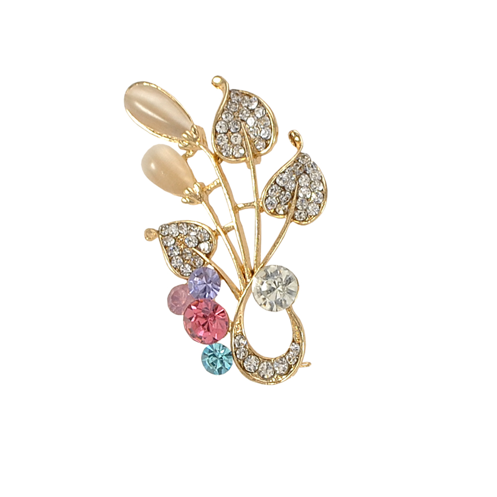 Брошь Букет золото, белые, голубые, сиреневые, фиолетовые и красные камни, шт. Броши
