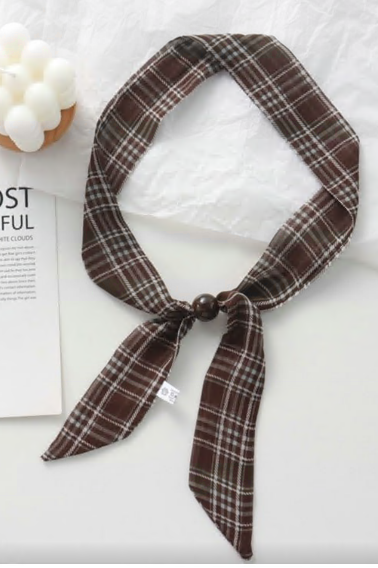 Шарф-галстук тканевый в клетку, 42*4,5см, коричневый, белый, бусина, шт. Украшения