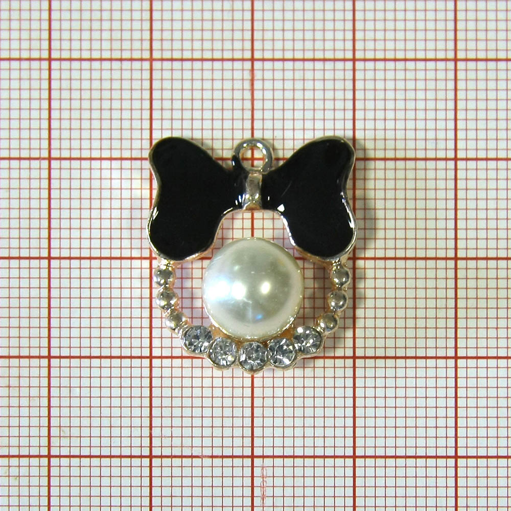 Подвеска металл Косточка и жемчужина 20*25мм, GOLD, черная эмаль, белый жемчуг, белые камни, шт. Подвески