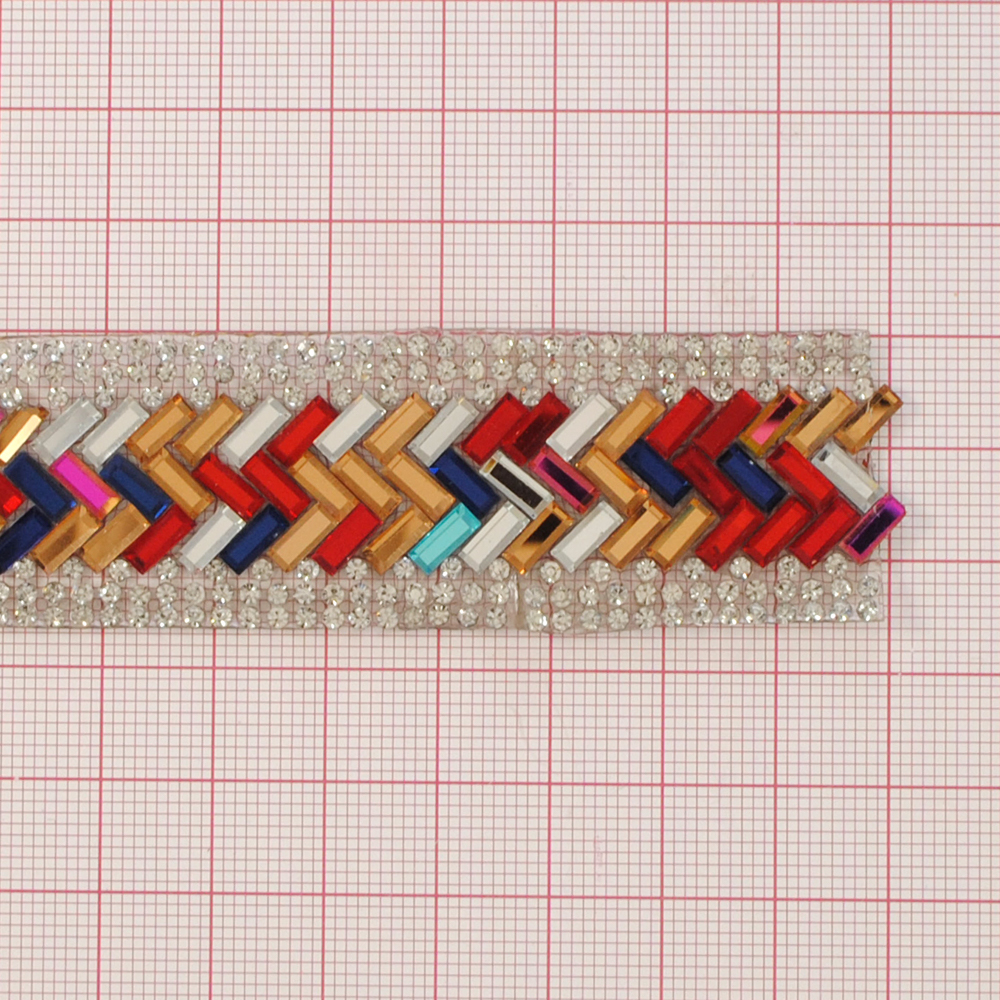 Тесьма стразы клеевая Радуга, 2,7см, разноцветные и белые камни, ярд. Тесьма из страз