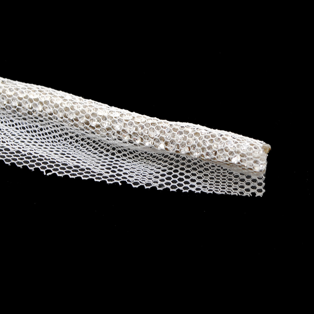 Шнур со стразами 5 мм, белые камни, белая сетка, ярд. Тесьма из страз