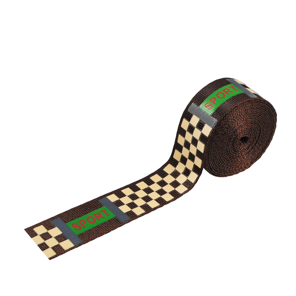 Тесьма DZ-960 желтая шахматка, Sport 2,5см коричневая ярд. Тесьма