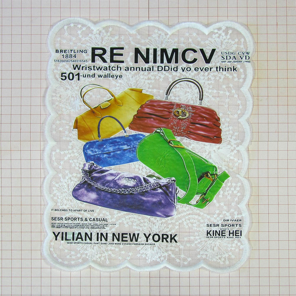 Аппликация пришивная Кружево Сумки RE NIMCV 20*28см, кружевная, белая, цветной рисунок, шт. Аппликации Пришивные Постер
