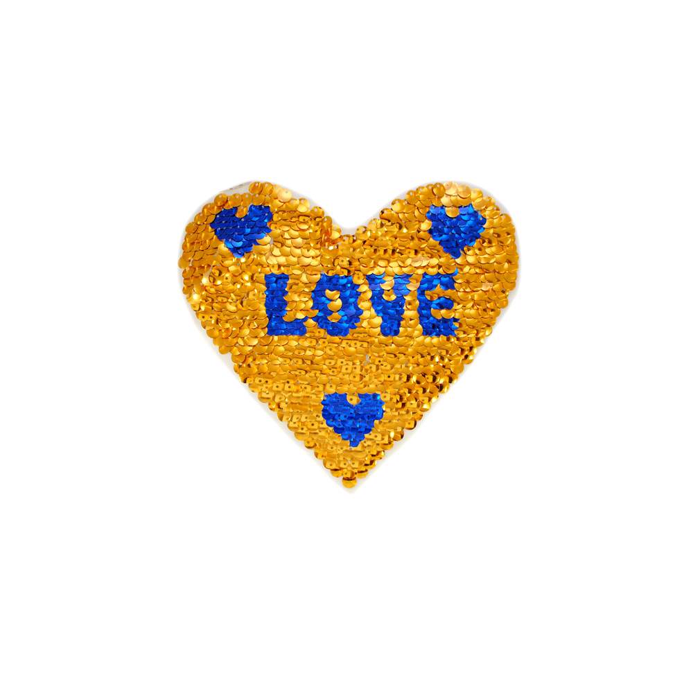 Аппликация пришивная пайетки двусторонние LOVE в сердце 20.5*23см, золотой, синий, шт. Аппликации Пришивные Пайетки