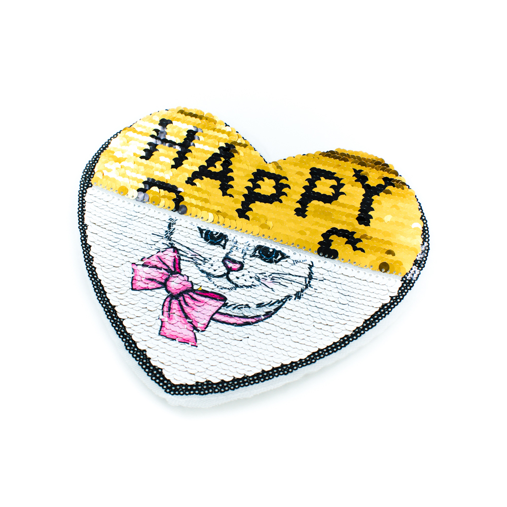Аппликация пришивная пайетки двусторонняя Сердце Котенок Бант/Happy days 21*18см цветные пайетки, шт. Аппликации Пришивные Пайетки