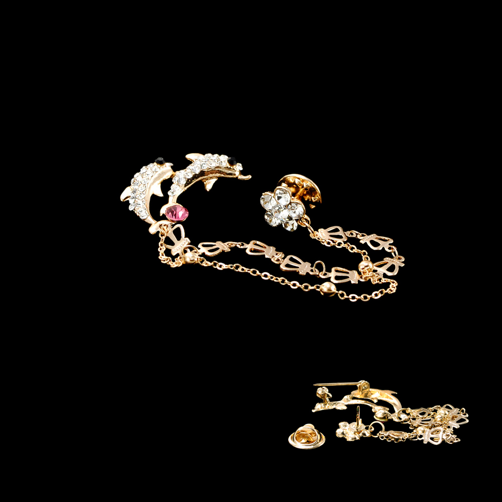 Брошь Дельфины 30*75мм, GOLD, белые камни, розовый камень, шт. Броши