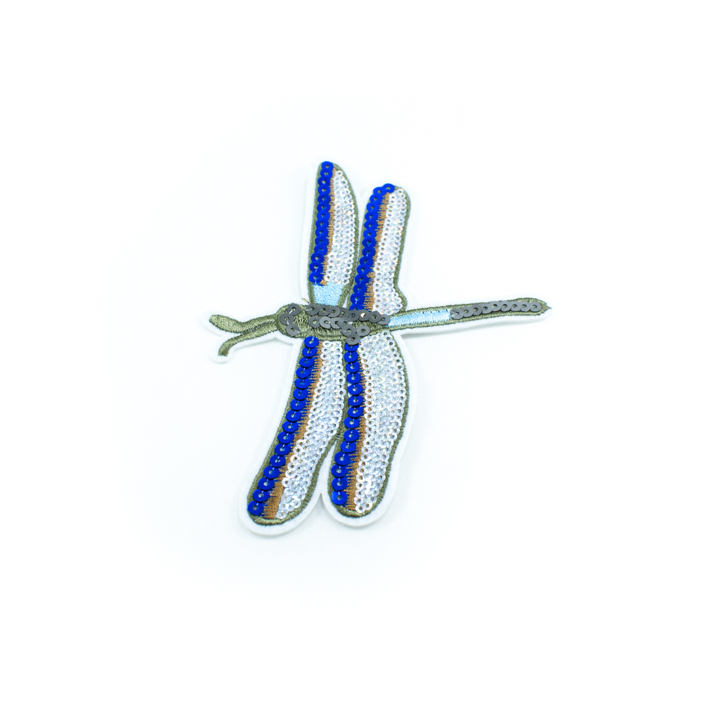 Аппликация клеевая пайетки Стрекоза 15*11,5см голубые, оранжевые, оливковые нити, синие, серебристые пайетки. Аппликации клеевые Пайетки