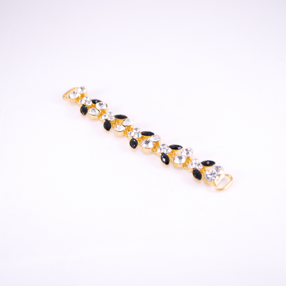 Укр.стекл. 9898 перетяж. 9*1,2см GOLD, 5 цветков-черн.камни.глаз, 6 пар бел.камни, на цепи. Перетяжка металл со стразами