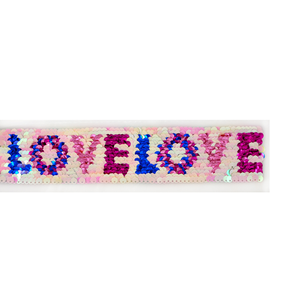 Тесьма пайетки двусторонняя LOVE 5см розовая, синяя, желтая, золотая, 10я. Тесьма