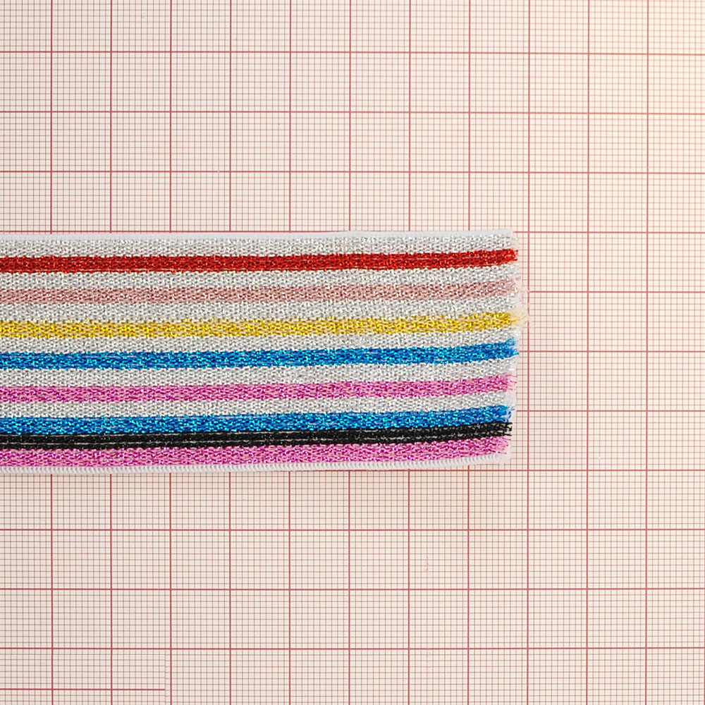 Резинка люрекс Полосы 4см, голубой и розовый, черный, синий, желтый, серебряный, красный люрекс, 50ярд. Резинка