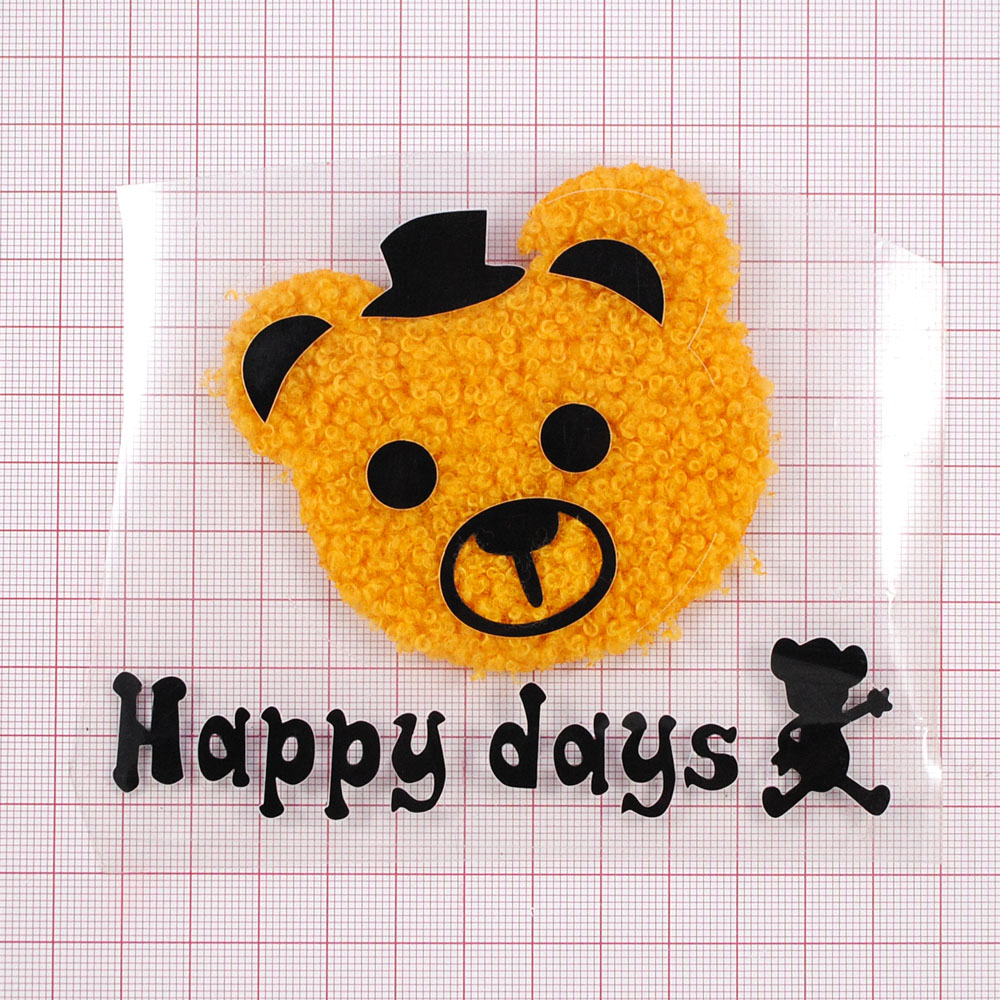 Аппликация тканевая клеевая мех Мишка Happy days, 9.5*11.5см, желтый, черный, шт. Аппликации клеевые Тканевые