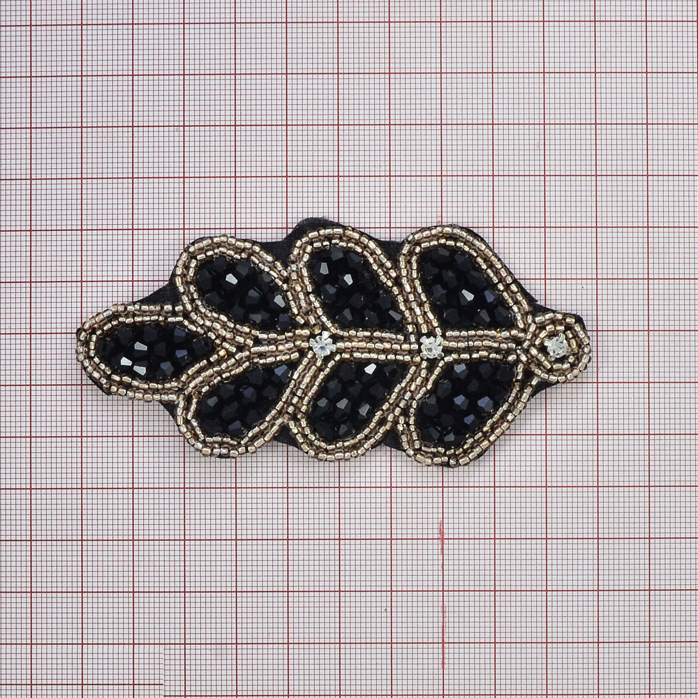Аппликация декор черный флиз. Ветка 7листов, черн. камни, 3 камня, желт. бисер. Аппликация Декор